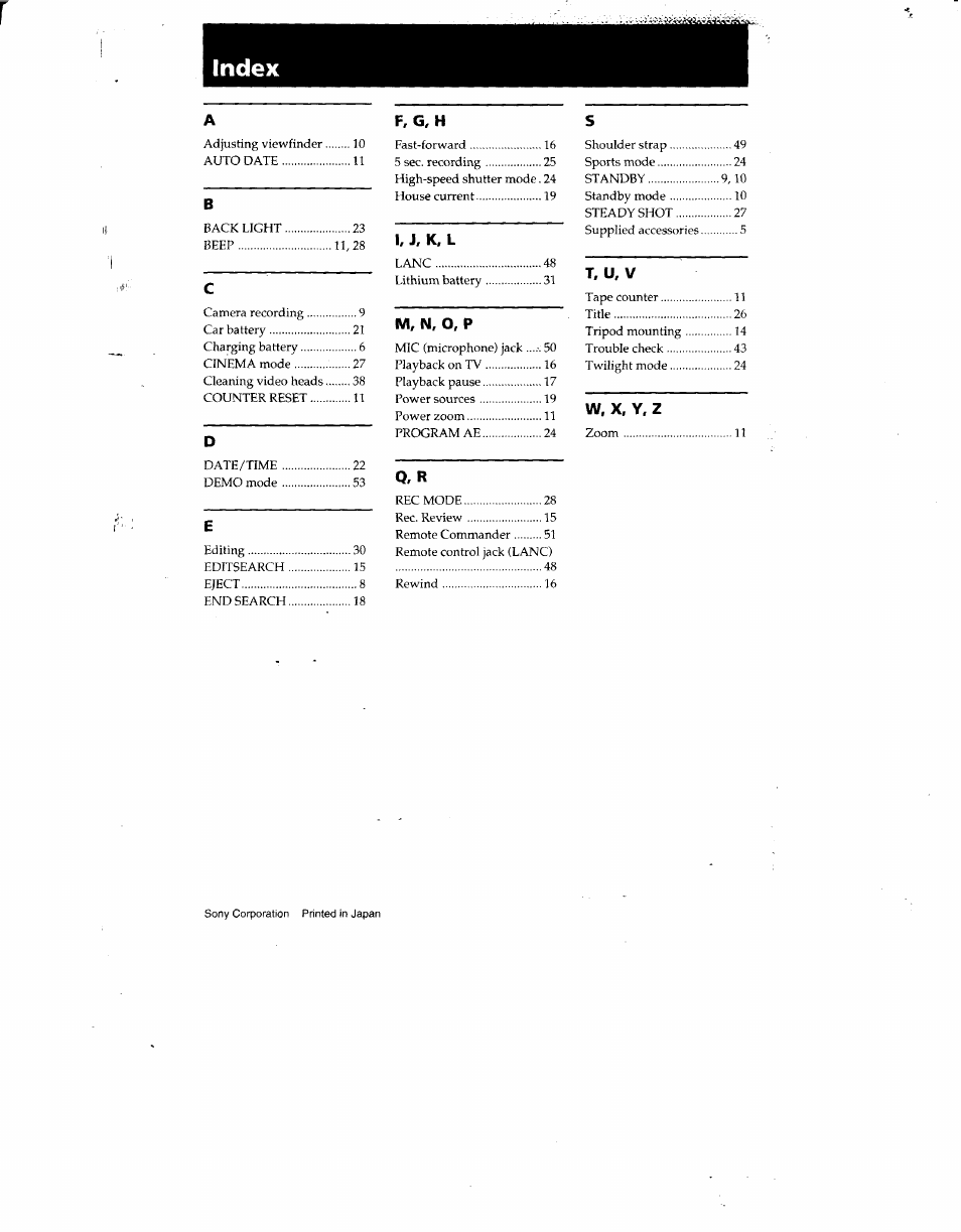 Q, r | Sony CCD-TRV12 User Manual | Page 56 / 56