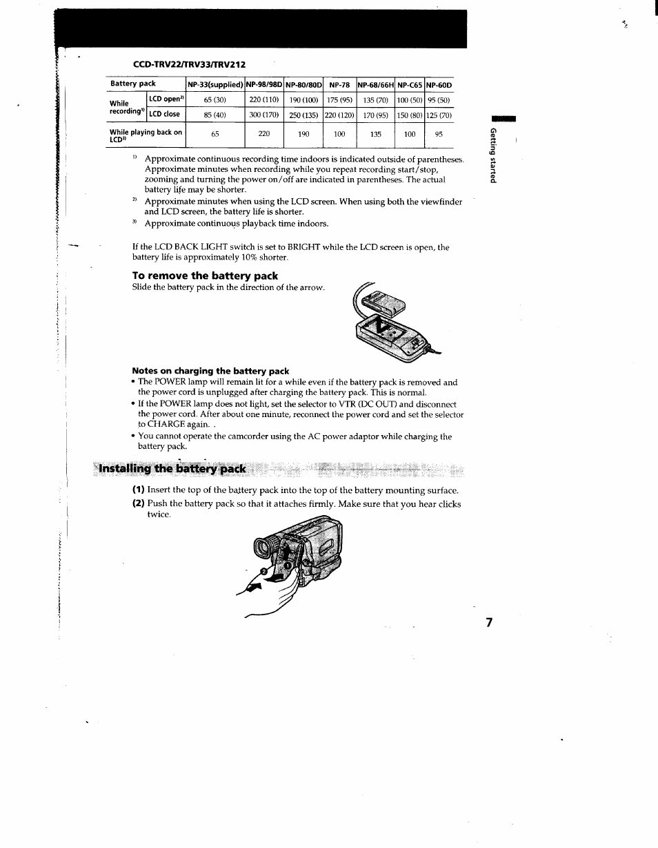 To remove the battery pack, Notes on charging the battery pack, Installing the battery pack | Sony CCD-TRV12 User Manual | Page 7 / 56