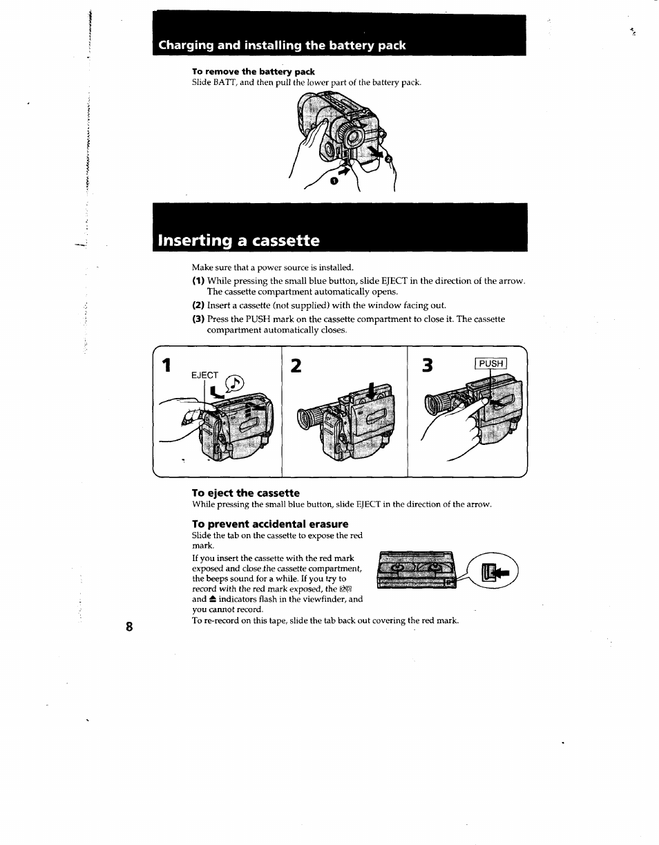 Charging and installing the battery pack, To remove the battery pack, Inserting a cassette | To eject the cassette, To prevent accidental erasure | Sony CCD-TRV12 User Manual | Page 8 / 56