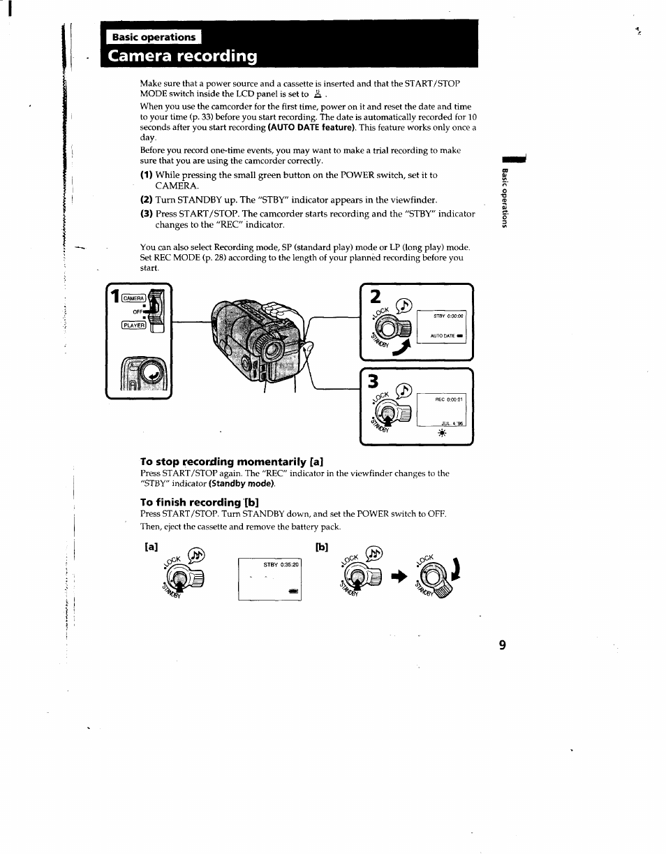 Camera recording, To stop recording momentarily [a, To finish recording [b | Sony CCD-TRV12 User Manual | Page 9 / 56