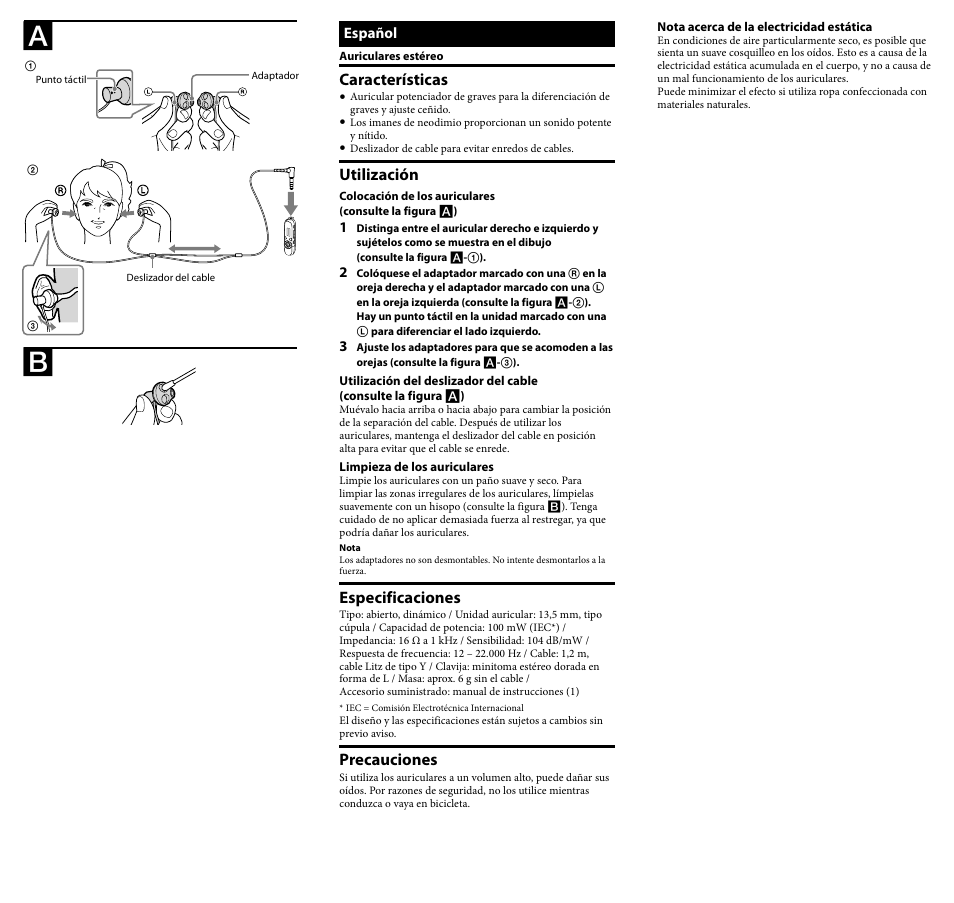 Características, Utilización, Especificaciones | Precauciones | Sony MDR-PQ5 User Manual | Page 2 / 2