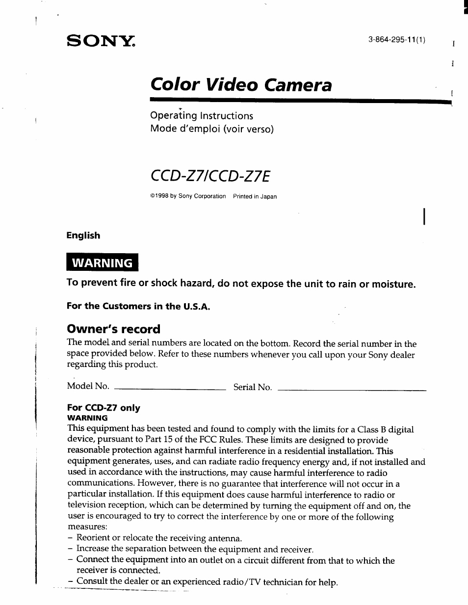 Sony CCD-Z7 User Manual | 4 pages