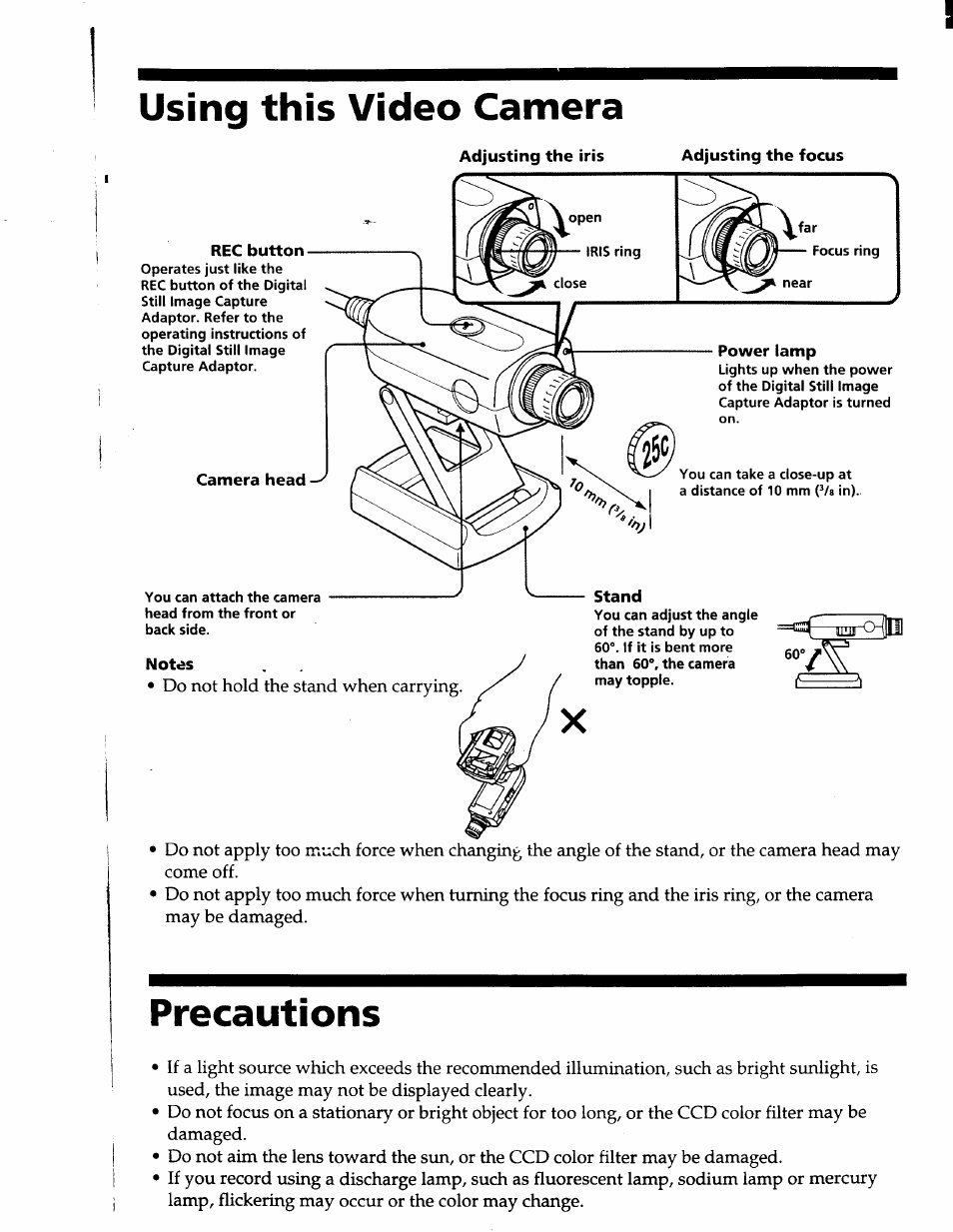 Using this, Notes, Precautions | Using this camera | Sony CCD-Z7 User Manual | Page 3 / 4