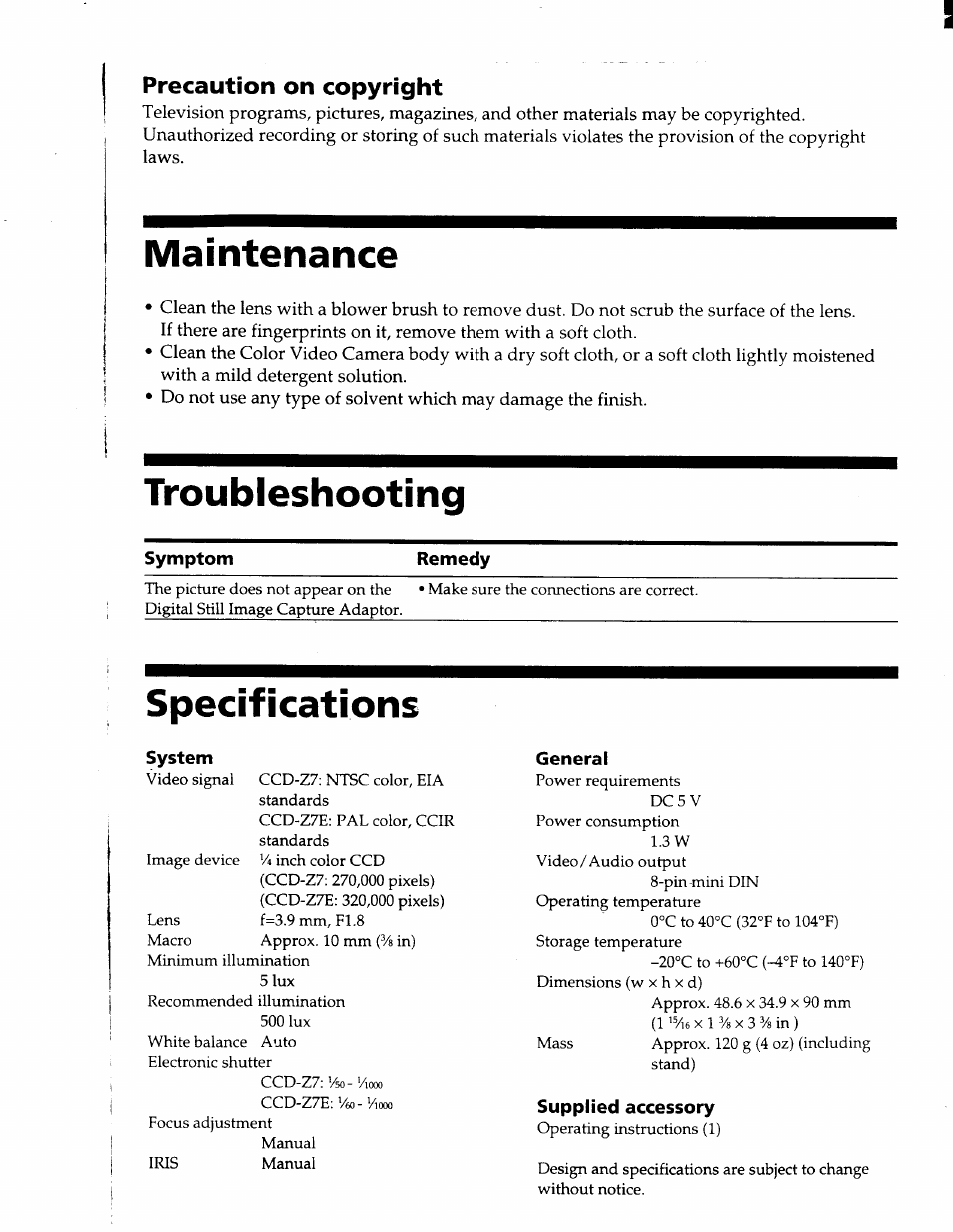 Precaution on copyright, Maintenance, Troubleshooting | Specifications | Sony CCD-Z7 User Manual | Page 4 / 4