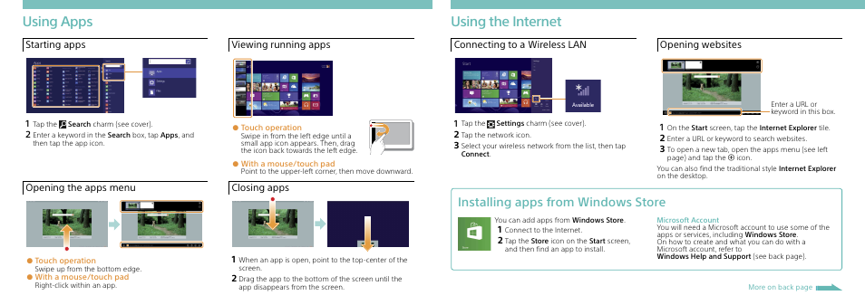 Using apps, Using the internet, Installing apps from windows store | Starting apps, Opening the apps menu, Viewing running apps, Closing apps, Connecting to a wireless lan, Opening websites | Sony SVD11215CXB User Manual | Page 2 / 2