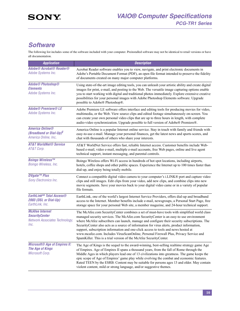 Vaio® computer specifications, Software, Pcg-tr1 series | Sony PCG-TR1A User Manual | Page 10 / 14