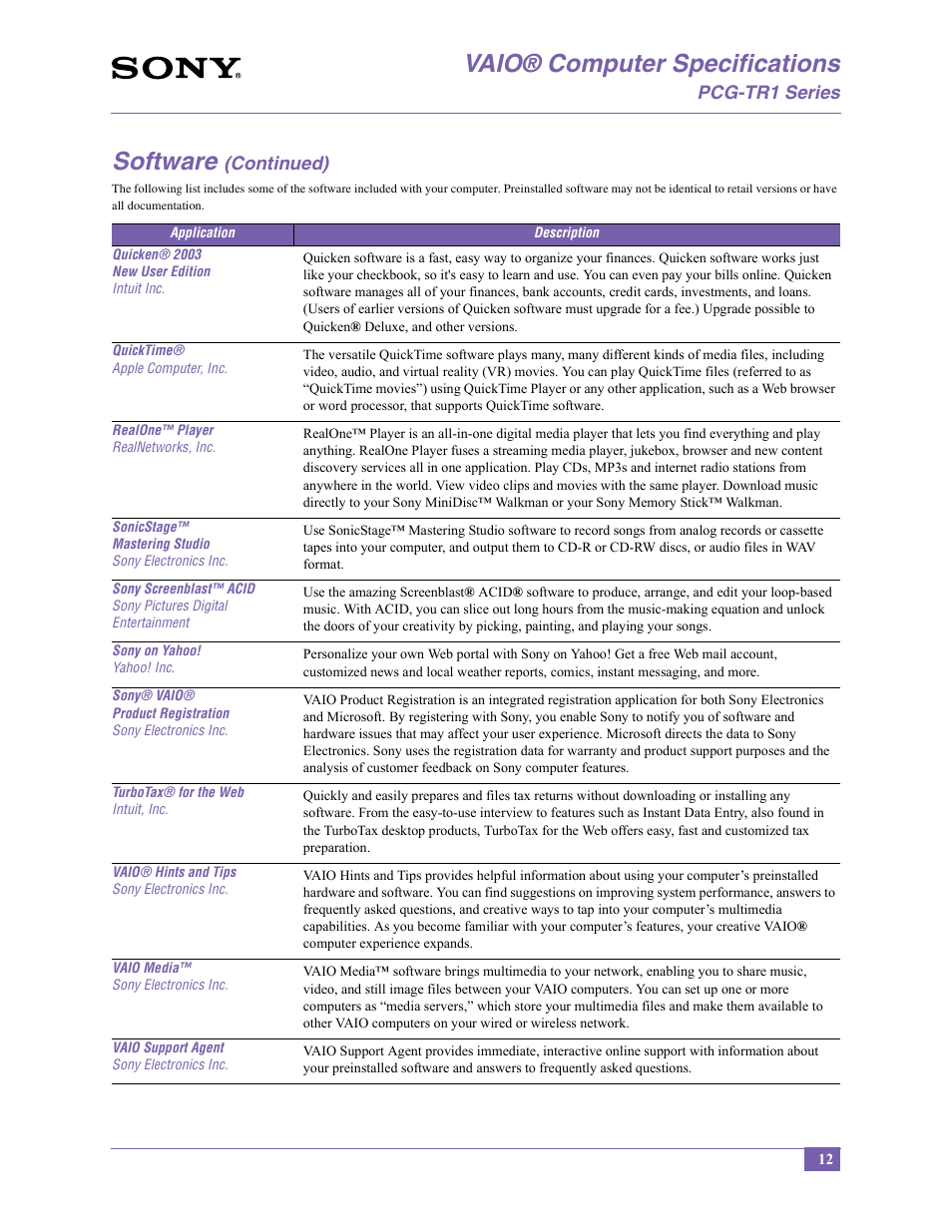 Vaio® computer specifications, Software | Sony PCG-TR1A User Manual | Page 12 / 14