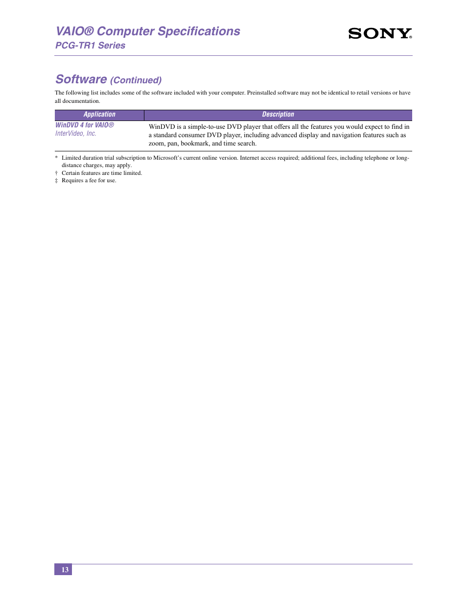 Vaio® computer specifications, Software | Sony PCG-TR1A User Manual | Page 13 / 14