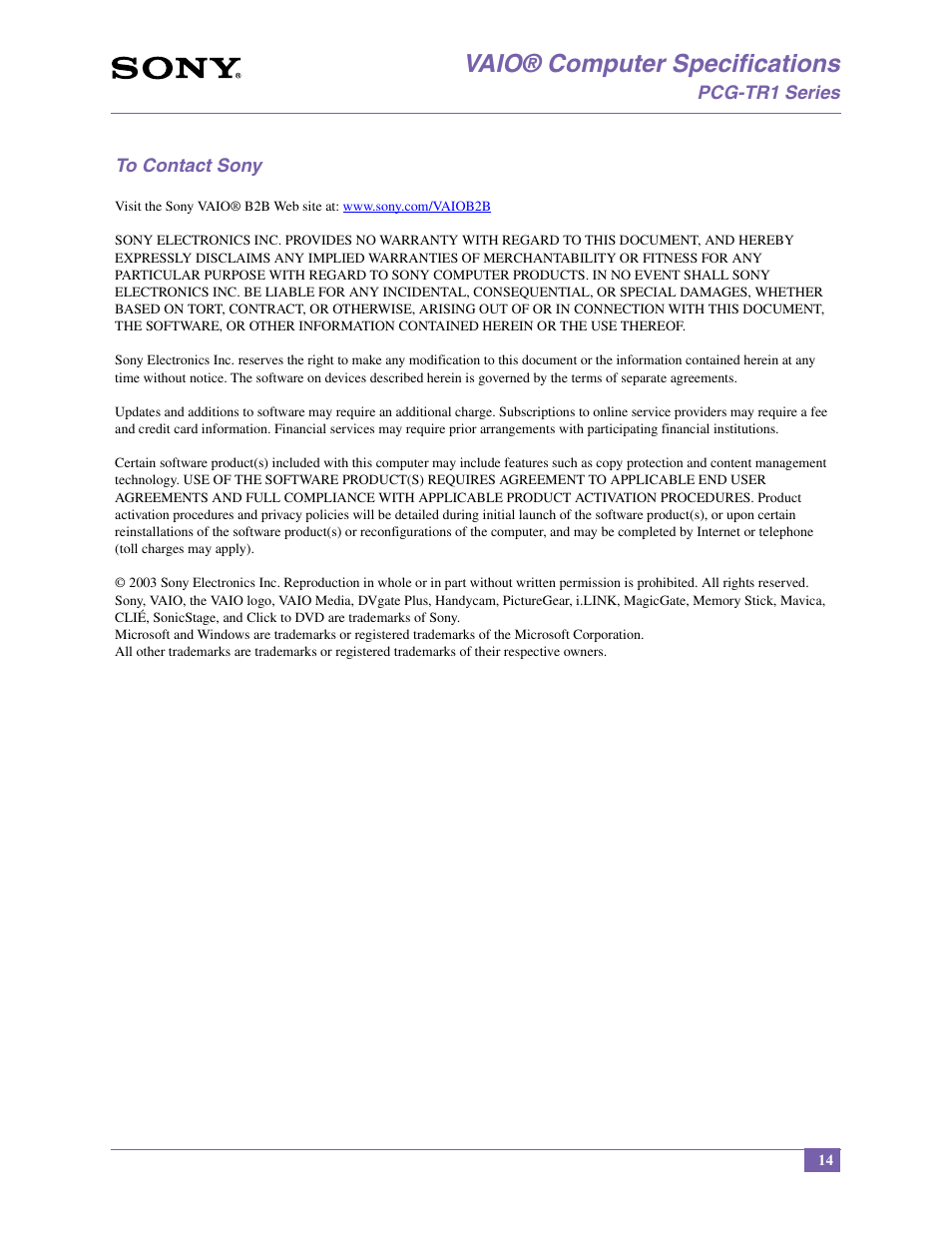 Vaio® computer specifications | Sony PCG-TR1A User Manual | Page 14 / 14
