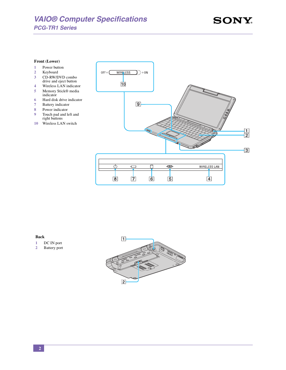 Vaio® computer specifications, Pcg-tr1 series | Sony PCG-TR1A User Manual | Page 2 / 14