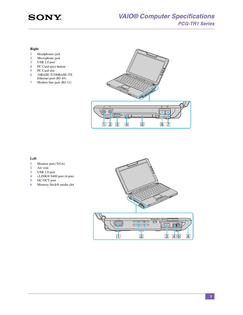 Vaio® computer specifications, Pcg-tr1 series | Sony PCG-TR1A User Manual | Page 3 / 14