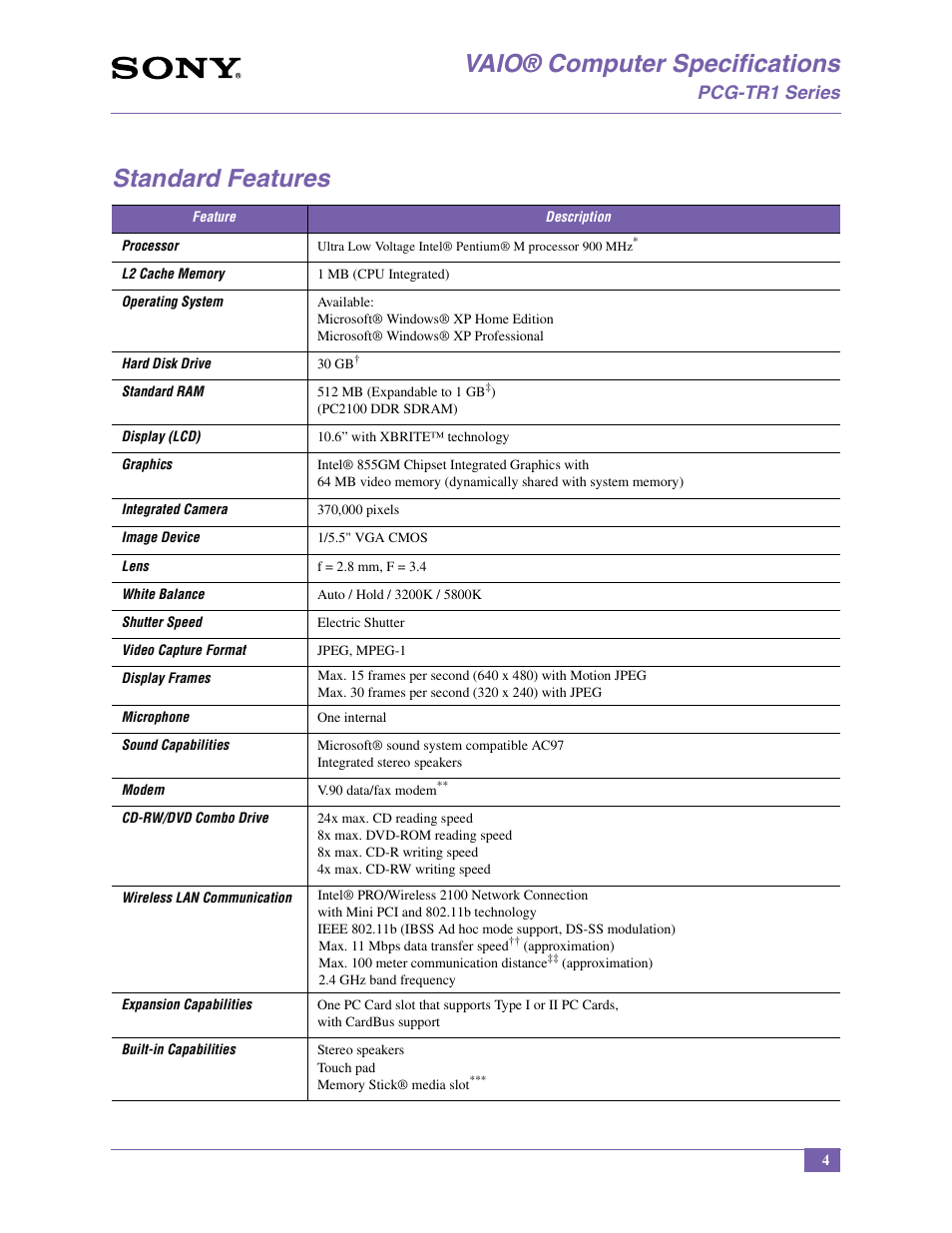 Vaio® computer specifications, Standard features, Pcg-tr1 series | Sony PCG-TR1A User Manual | Page 4 / 14