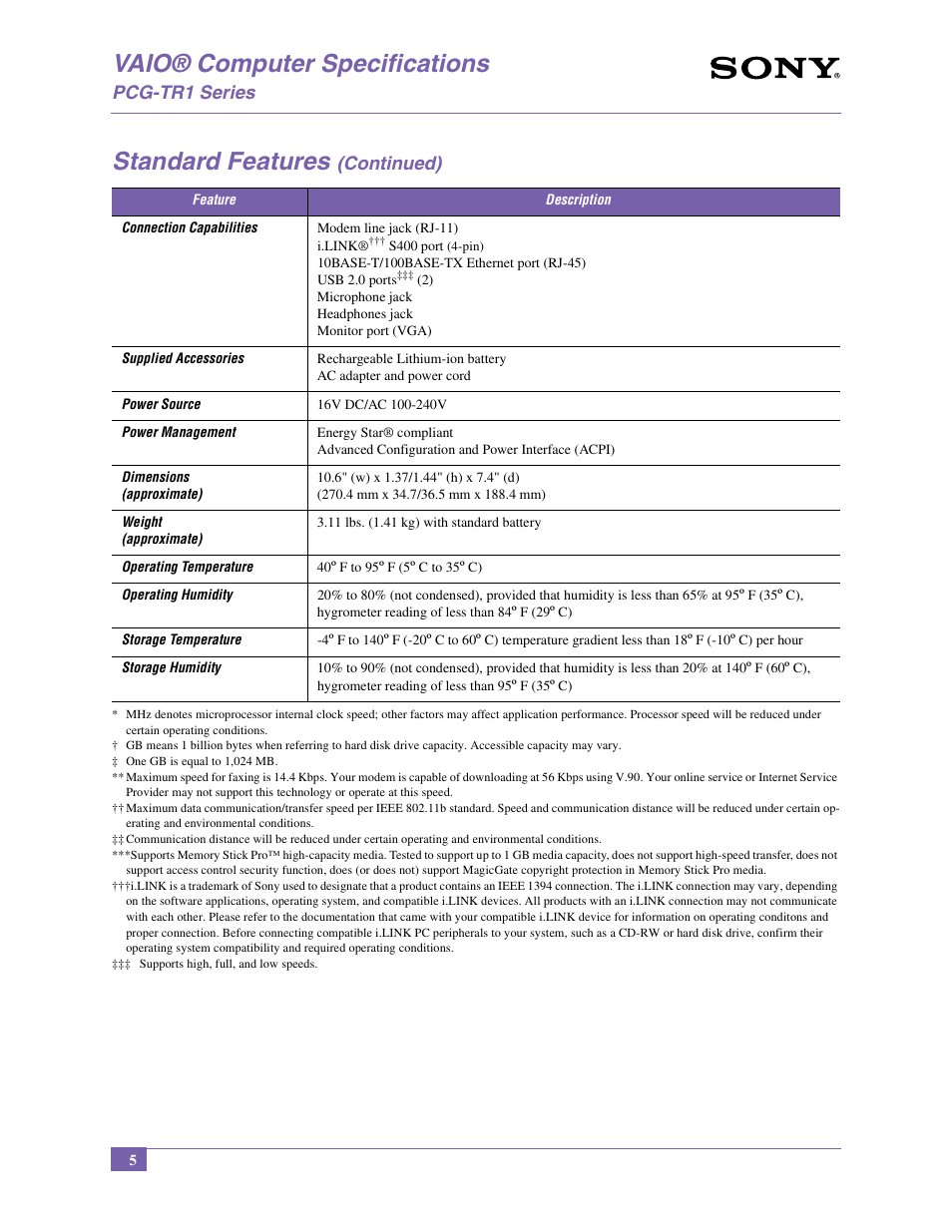 Vaio® computer specifications, Standard features, Pcg-tr1 series | Continued) | Sony PCG-TR1A User Manual | Page 5 / 14