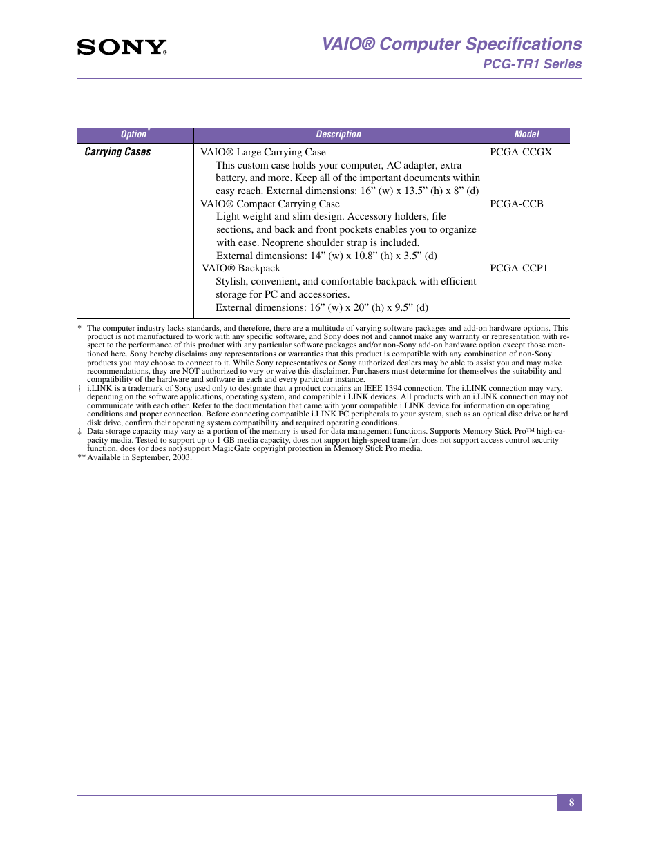 Vaio® computer specifications, Pcg-tr1 series | Sony PCG-TR1A User Manual | Page 8 / 14