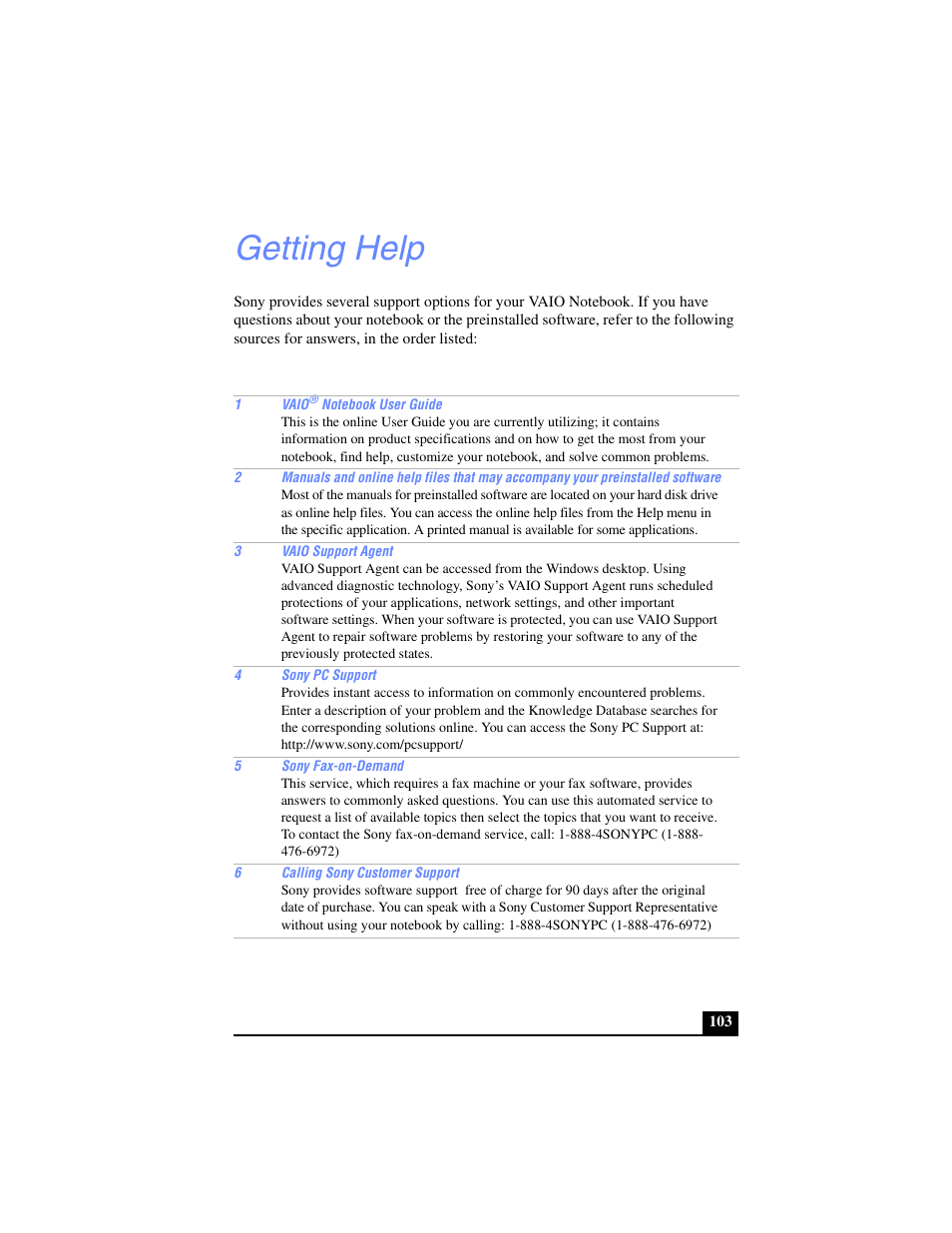 Getting help | Sony PCG-SR33 User Manual | Page 103 / 139