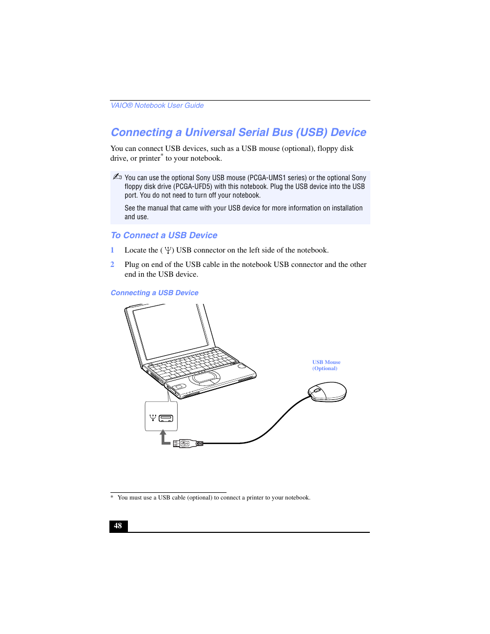 Connecting a universal serial bus (usb) device, To connect a usb device | Sony PCG-SR33 User Manual | Page 48 / 139