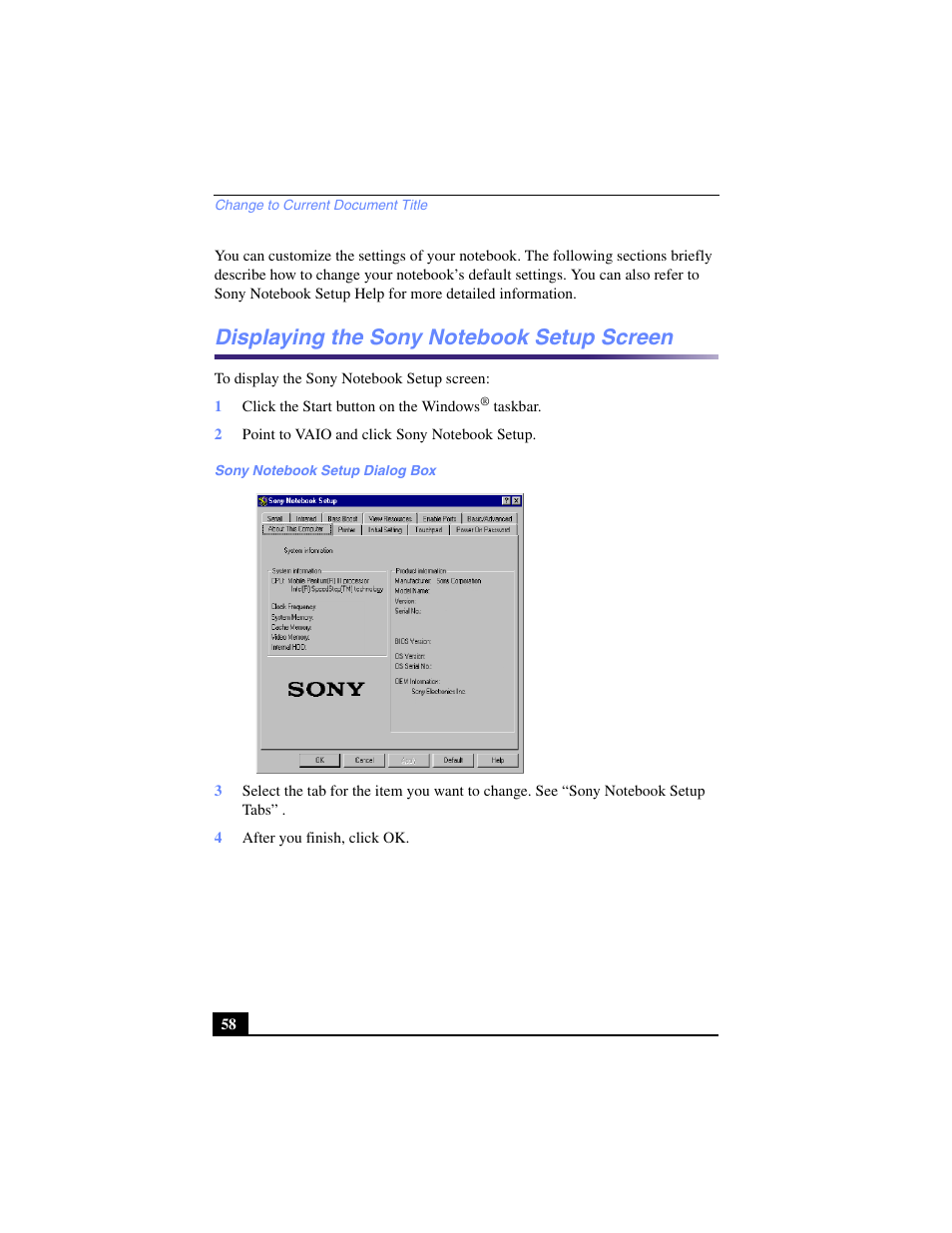 Displaying the sony notebook setup screen | Sony PCG-SR33 User Manual | Page 58 / 139