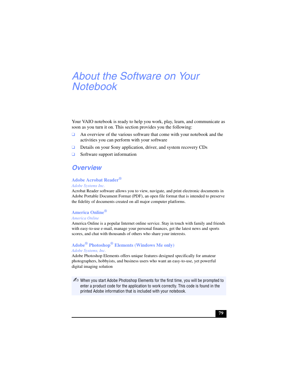 About the software on your notebook, Overview | Sony PCG-SR33 User Manual | Page 79 / 139