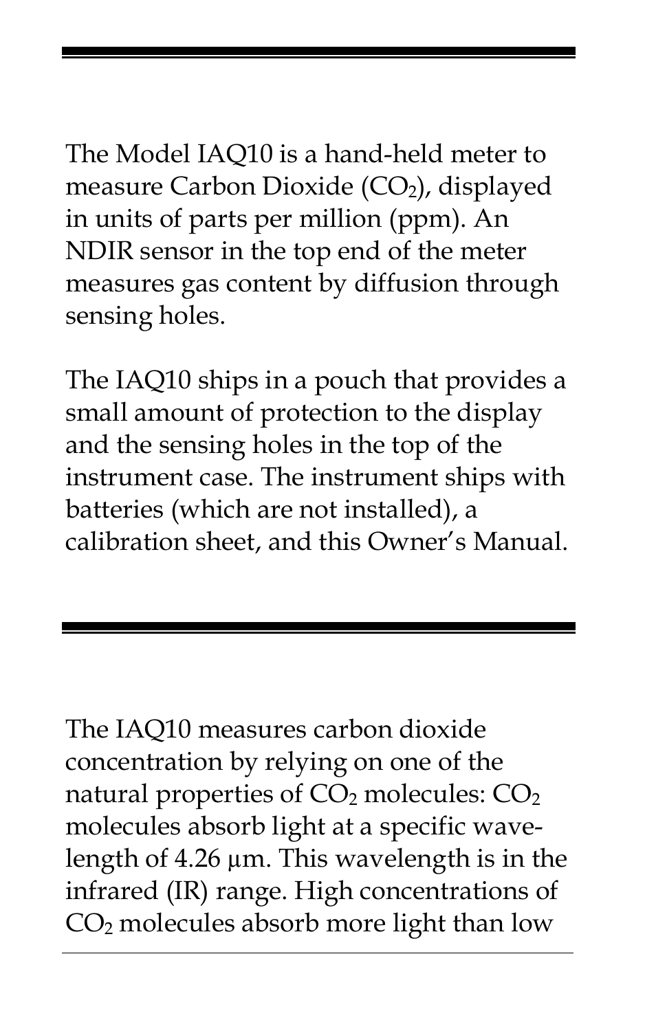 Section 1 general description, Section 2 theory of operation: ndir sensor | TSI IAQ10 User Manual | Page 4 / 20