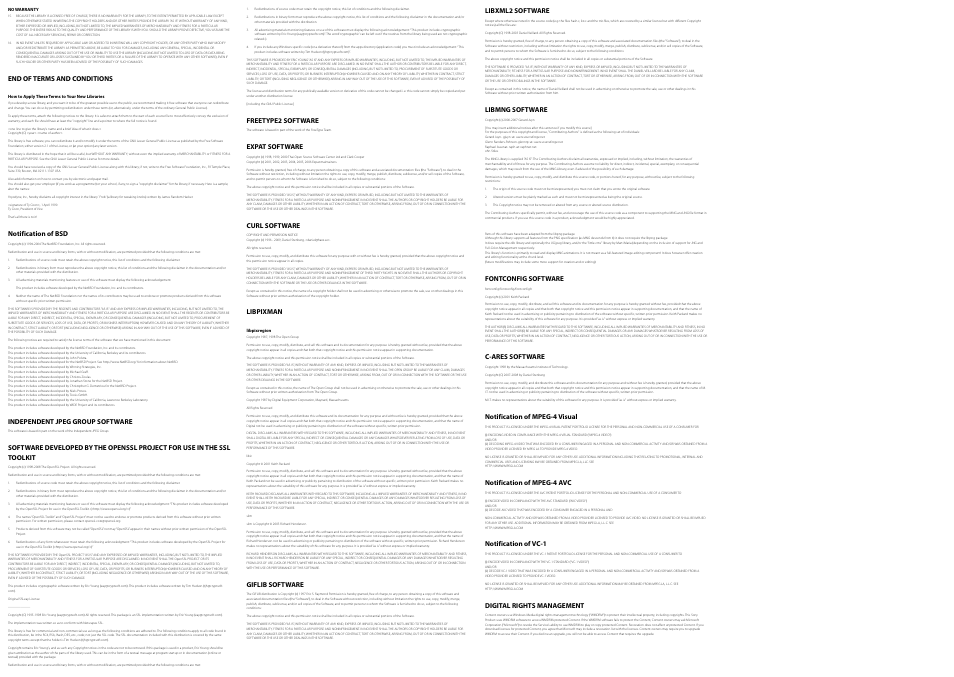 End of terms and conditions, Notification of bsd, Independent jpeg group software | Freetype2 software, Expat software, Curl software, Libpixman, Giflib software, Libxml2 software, Libmng software | Sony SVL24149CXB User Manual | Page 2 / 2