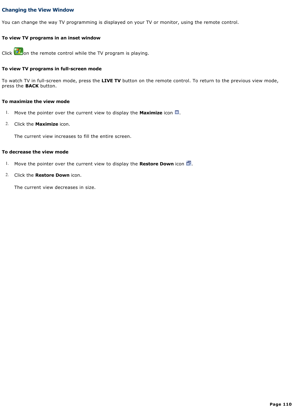 Changing the view window | Sony VGC-RA910G User Manual | Page 110 / 254