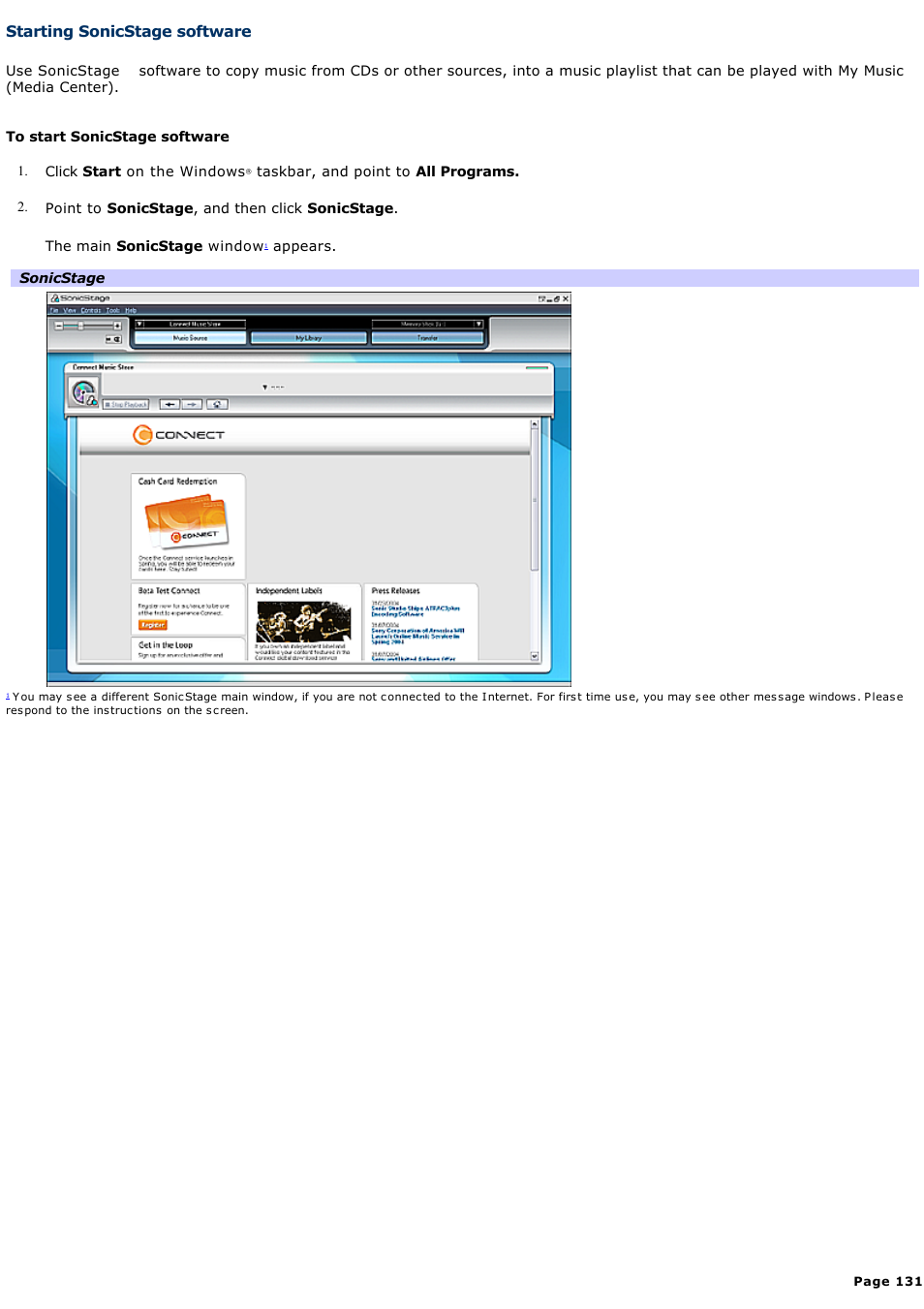 Starting sonicstage software | Sony VGC-RA910G User Manual | Page 131 / 254