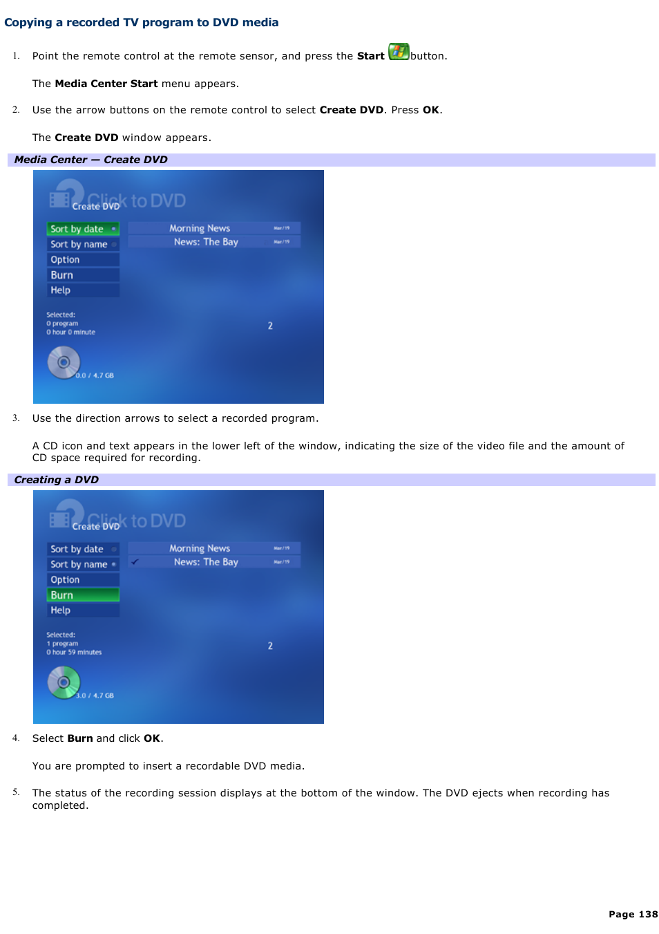 Copying a recorded tv program to dvd media | Sony VGC-RA910G User Manual | Page 138 / 254