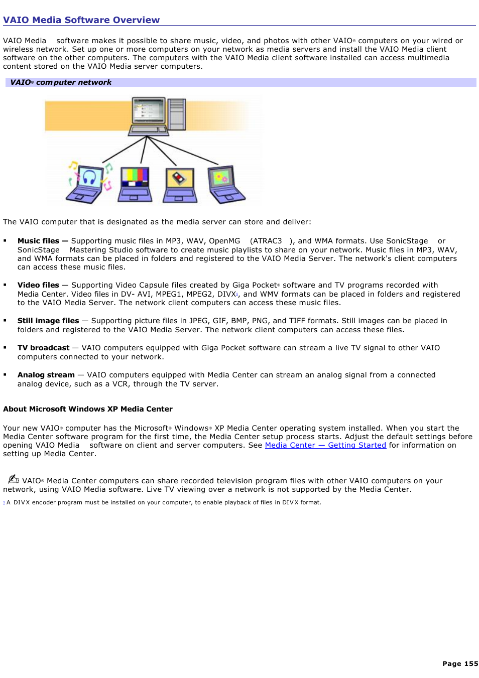 Vaio media software overview | Sony VGC-RA910G User Manual | Page 155 / 254