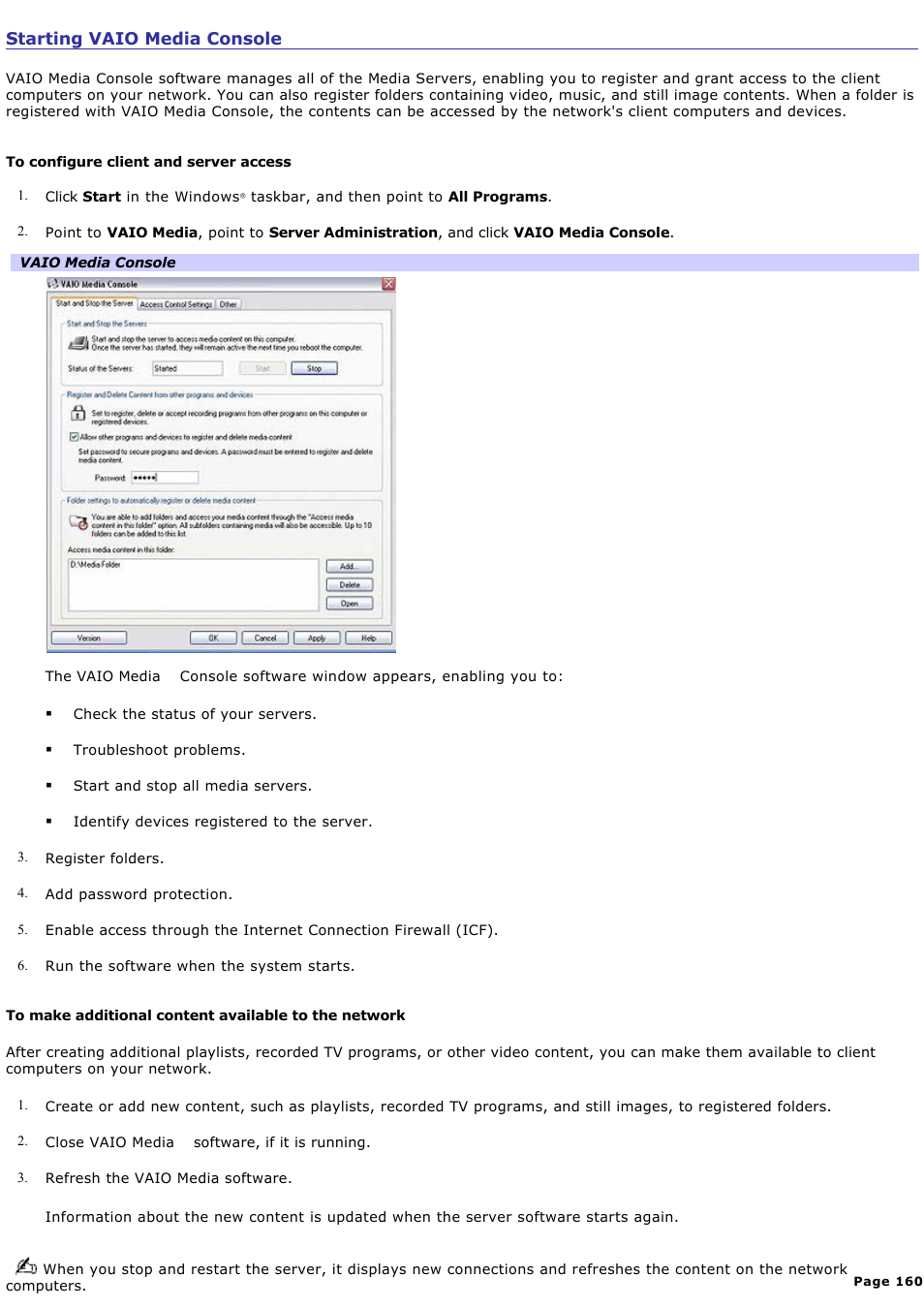 Starting vaio media console | Sony VGC-RA910G User Manual | Page 160 / 254