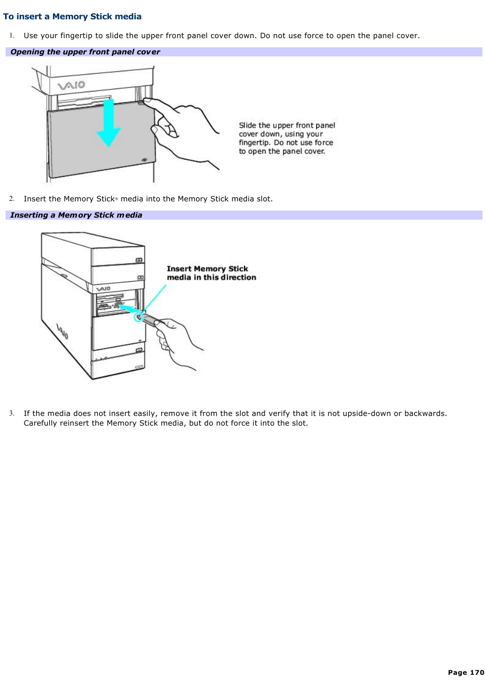 To insert a memory stick media | Sony VGC-RA910G User Manual | Page 170 / 254