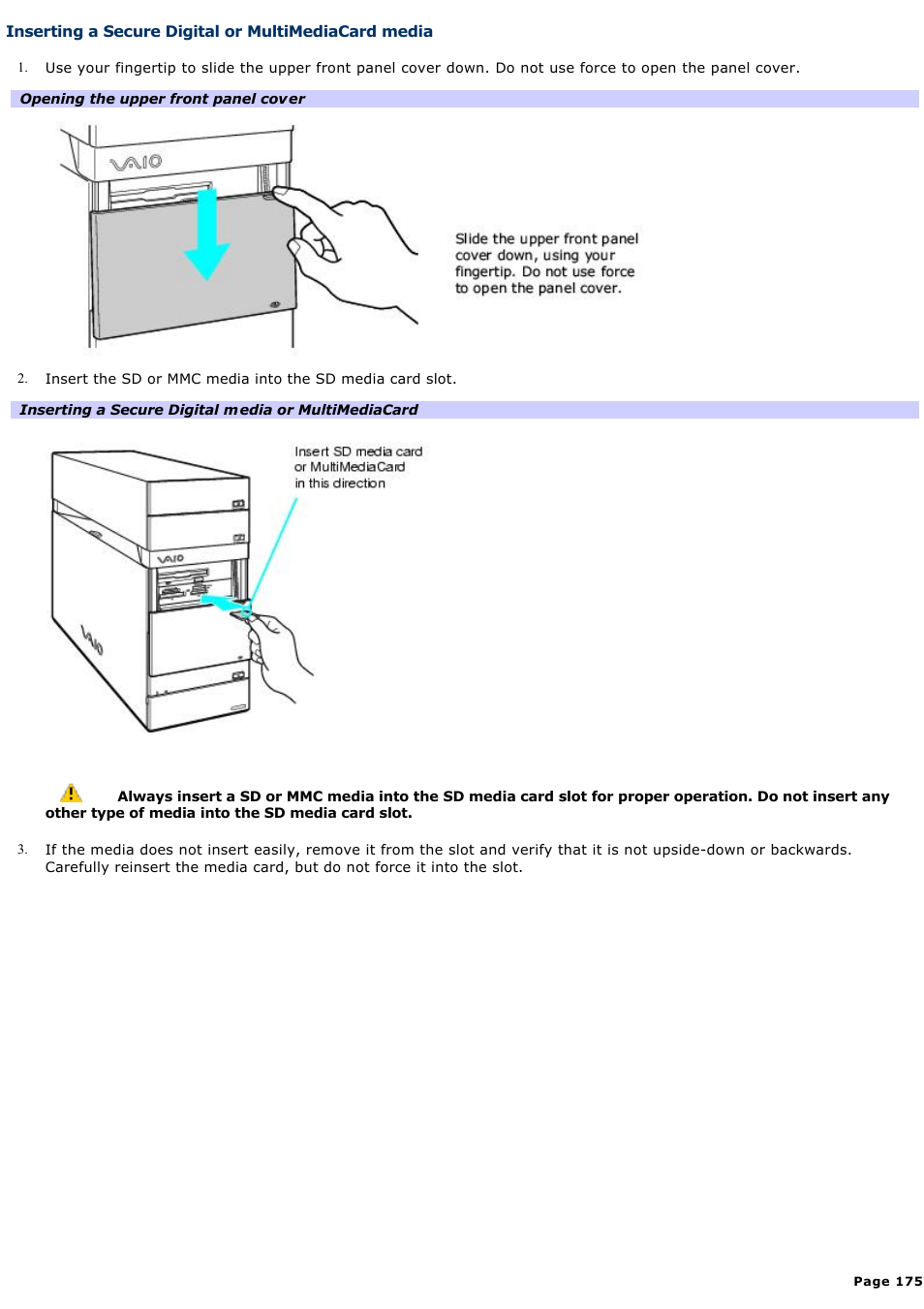 Inserting a secure digital or multimediacard media | Sony VGC-RA910G User Manual | Page 175 / 254