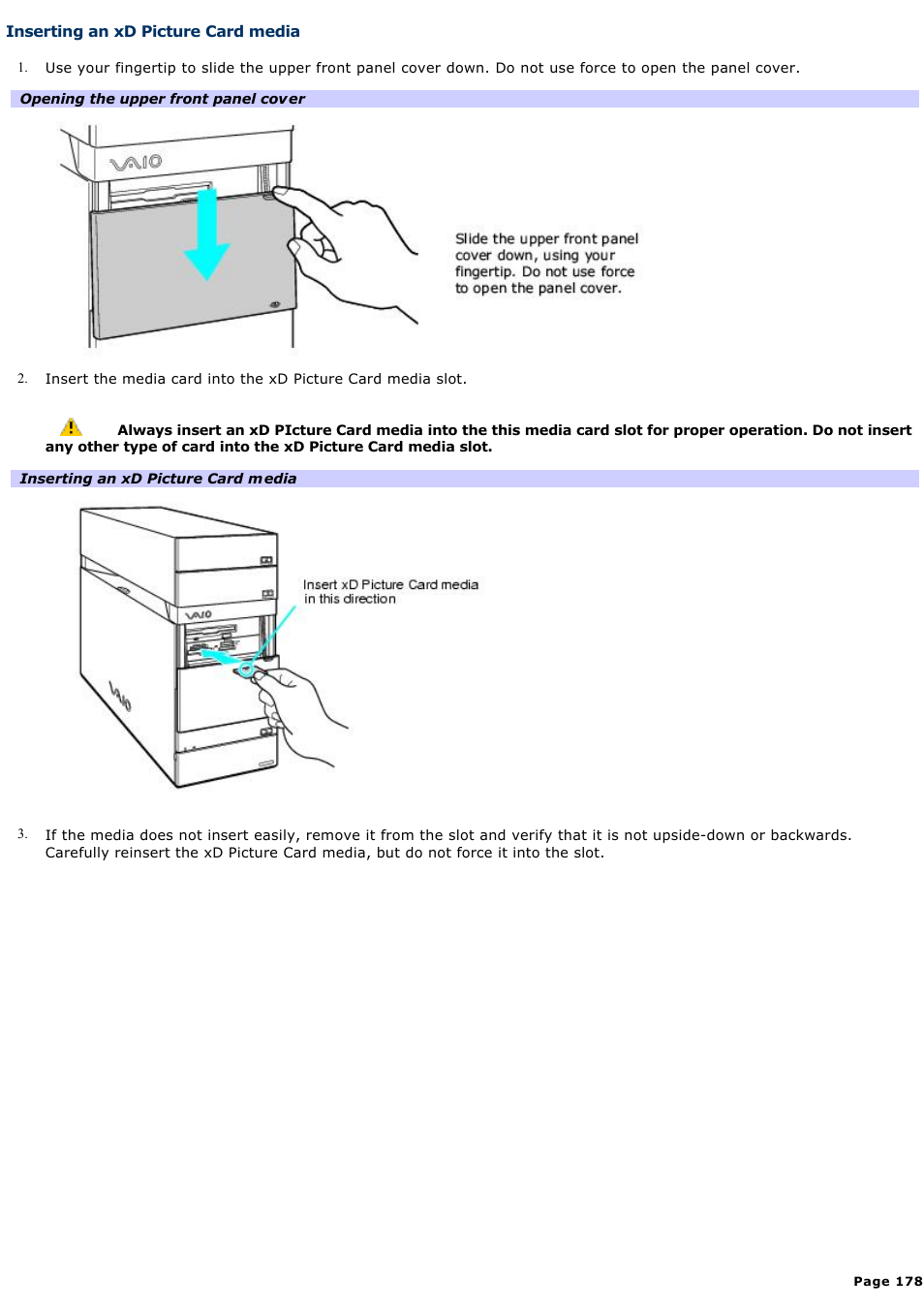 Inserting an xd picture card media | Sony VGC-RA910G User Manual | Page 178 / 254