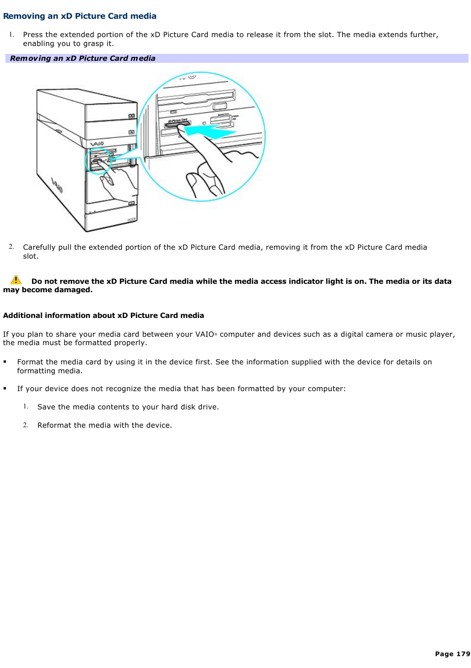 Removing an xd picture card media | Sony VGC-RA910G User Manual | Page 179 / 254