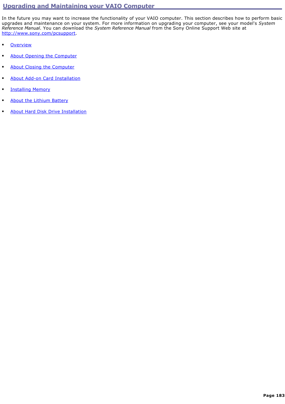 Upgrading and maintaining your vaio computer | Sony VGC-RA910G User Manual | Page 183 / 254