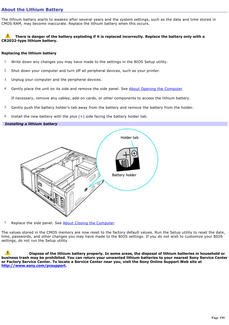 About the lithium battery | Sony VGC-RA910G User Manual | Page 195 / 254