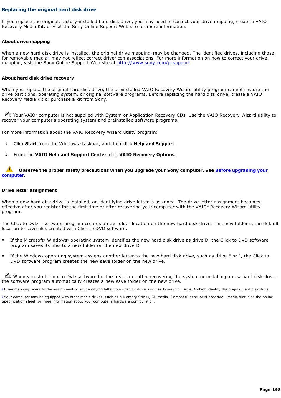 Replacing the original hard disk drive | Sony VGC-RA910G User Manual | Page 198 / 254