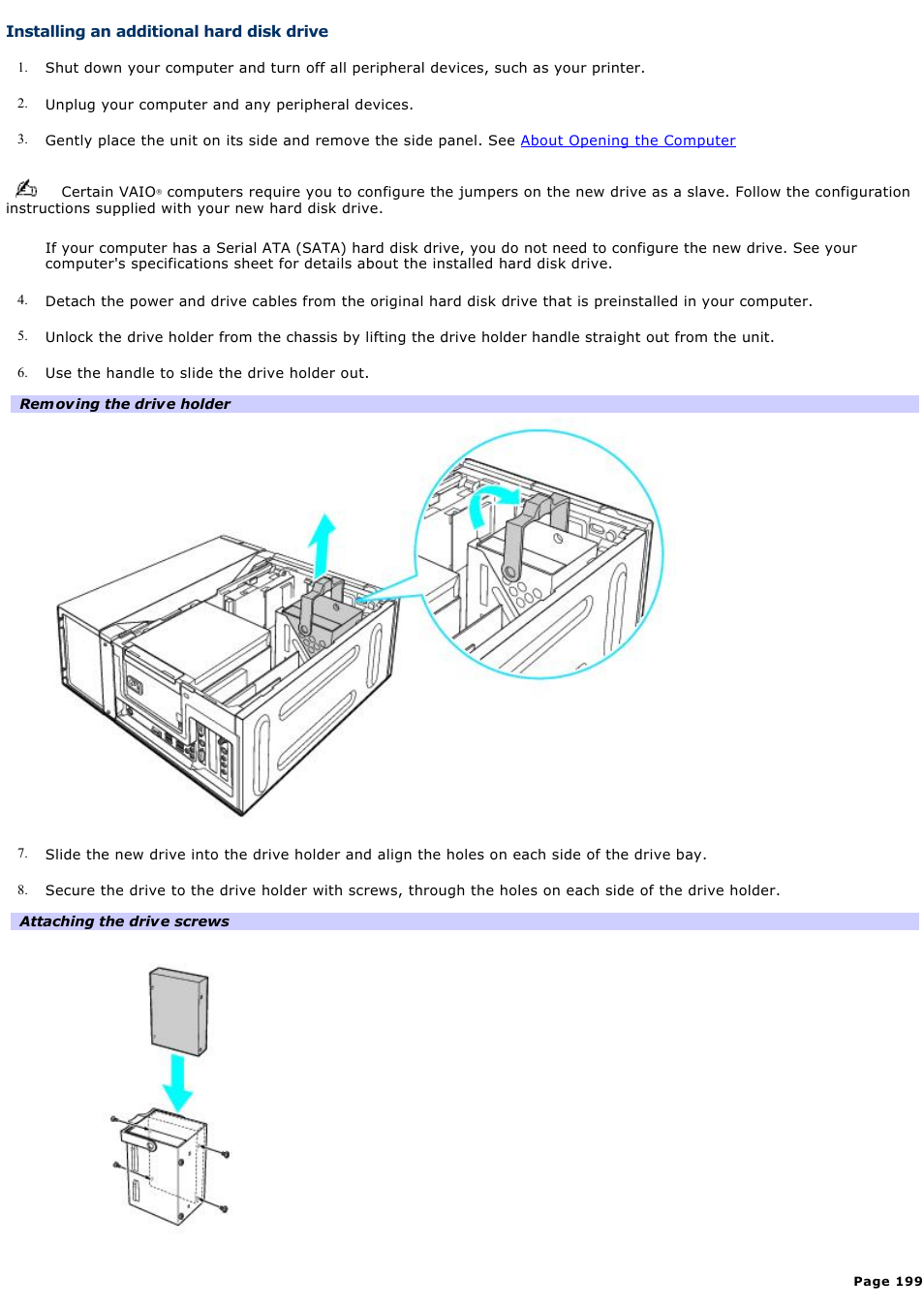 Installing an additional hard disk drive | Sony VGC-RA910G User Manual | Page 199 / 254