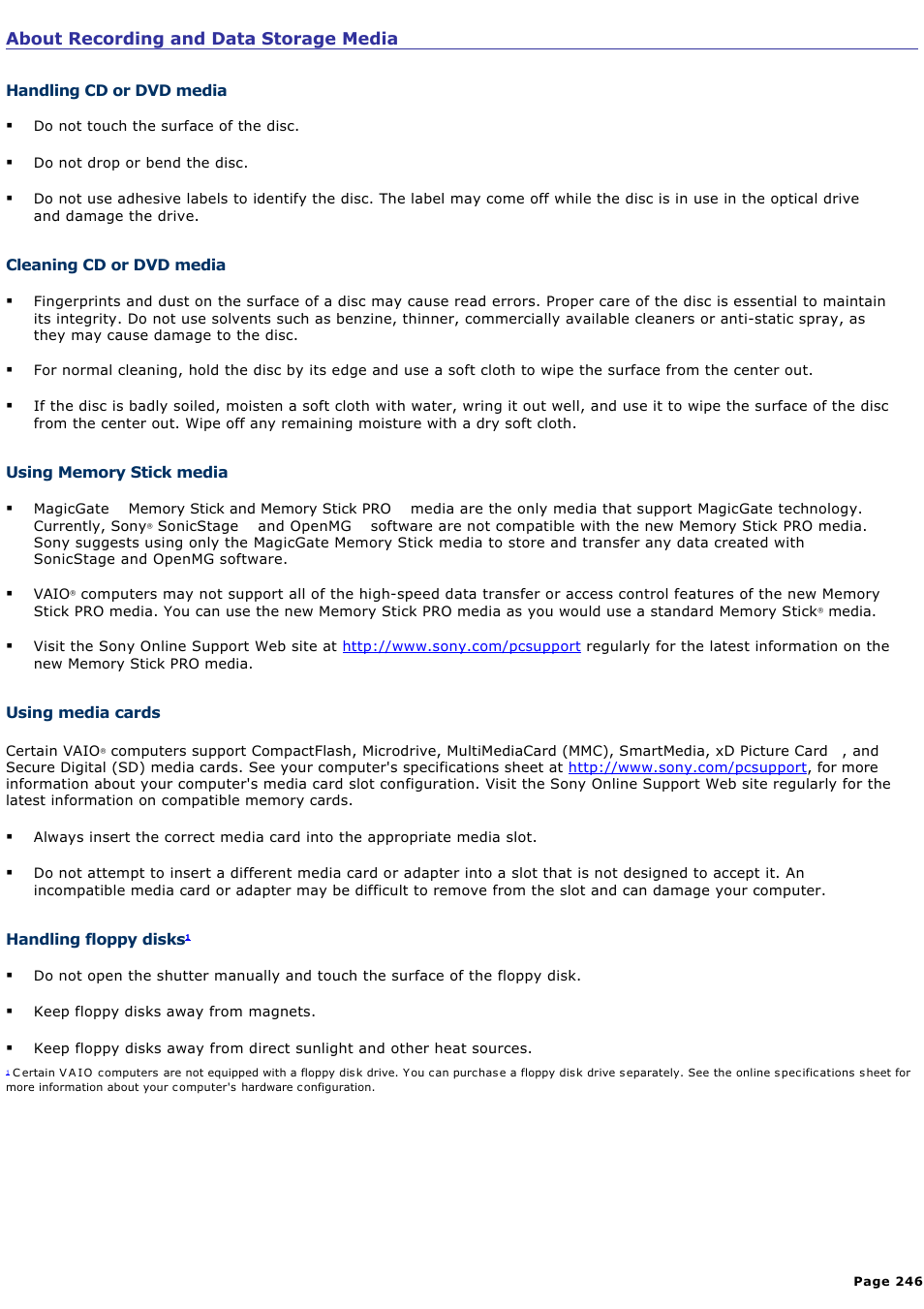 About recording and data storage media | Sony VGC-RA910G User Manual | Page 246 / 254