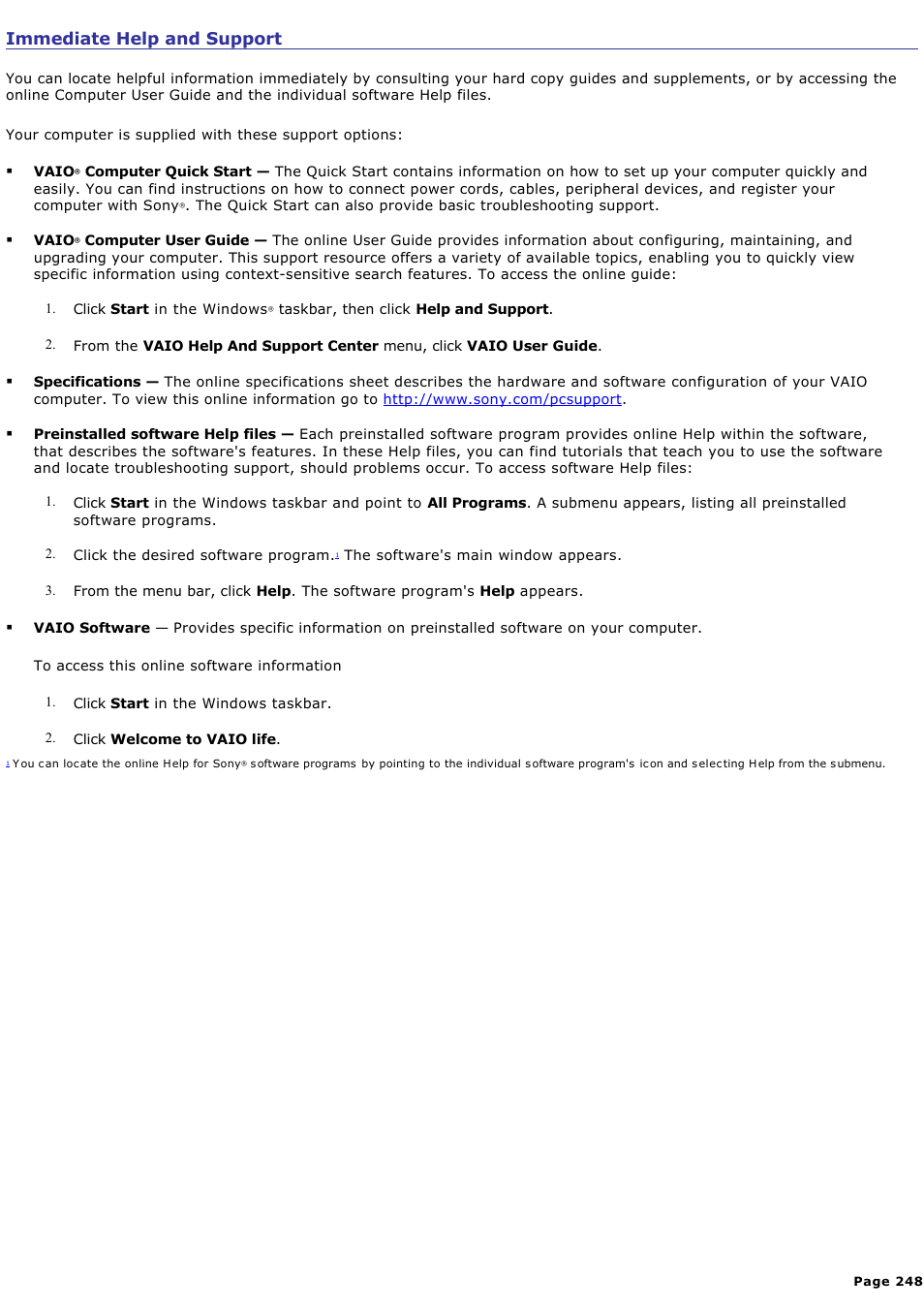 Immediate help and support | Sony VGC-RA910G User Manual | Page 248 / 254