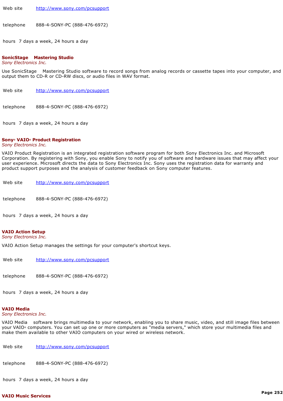 Sony VGC-RA910G User Manual | Page 252 / 254