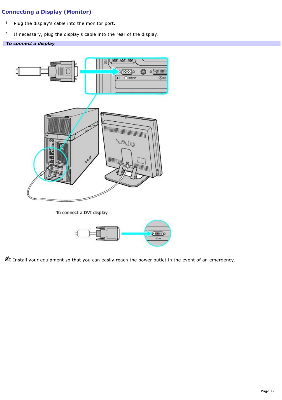 Connecting a display (monitor) | Sony VGC-RA910G User Manual | Page 27 / 254