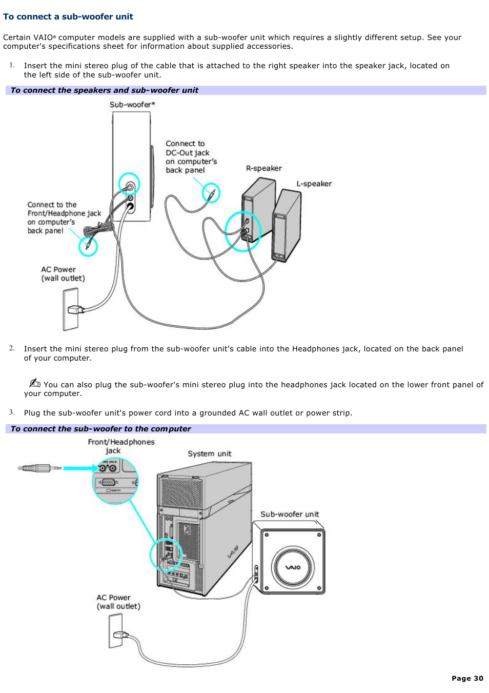 To connect a sub-woofer unit | Sony VGC-RA910G User Manual | Page 30 / 254