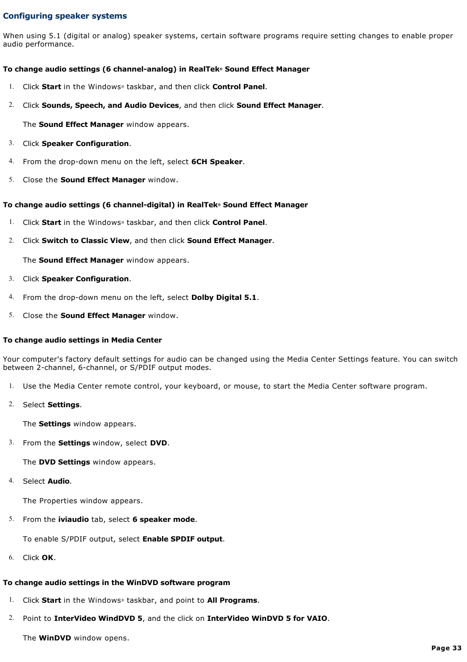 Configuring speaker systems | Sony VGC-RA910G User Manual | Page 33 / 254