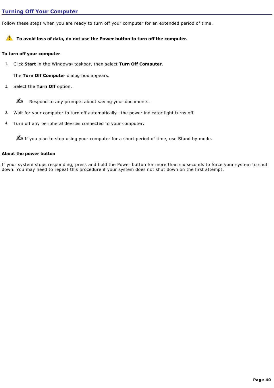 Turning off your computer | Sony VGC-RA910G User Manual | Page 40 / 254