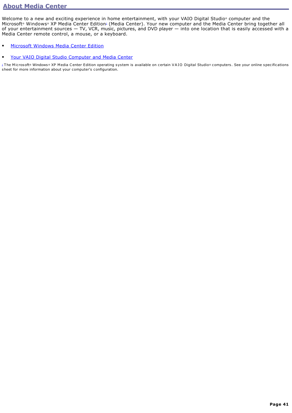 About media center | Sony VGC-RA910G User Manual | Page 41 / 254