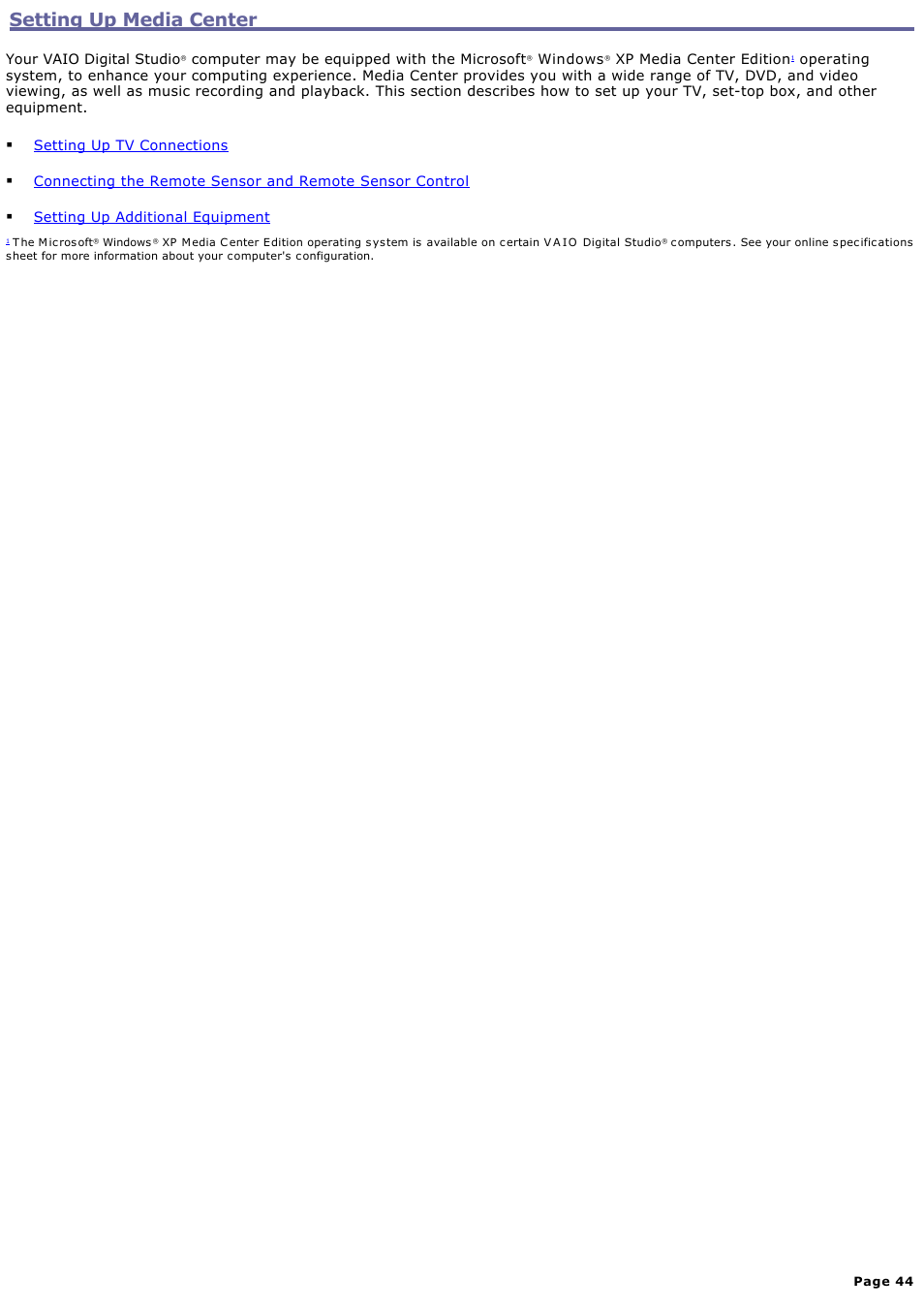 Setting up media center | Sony VGC-RA910G User Manual | Page 44 / 254
