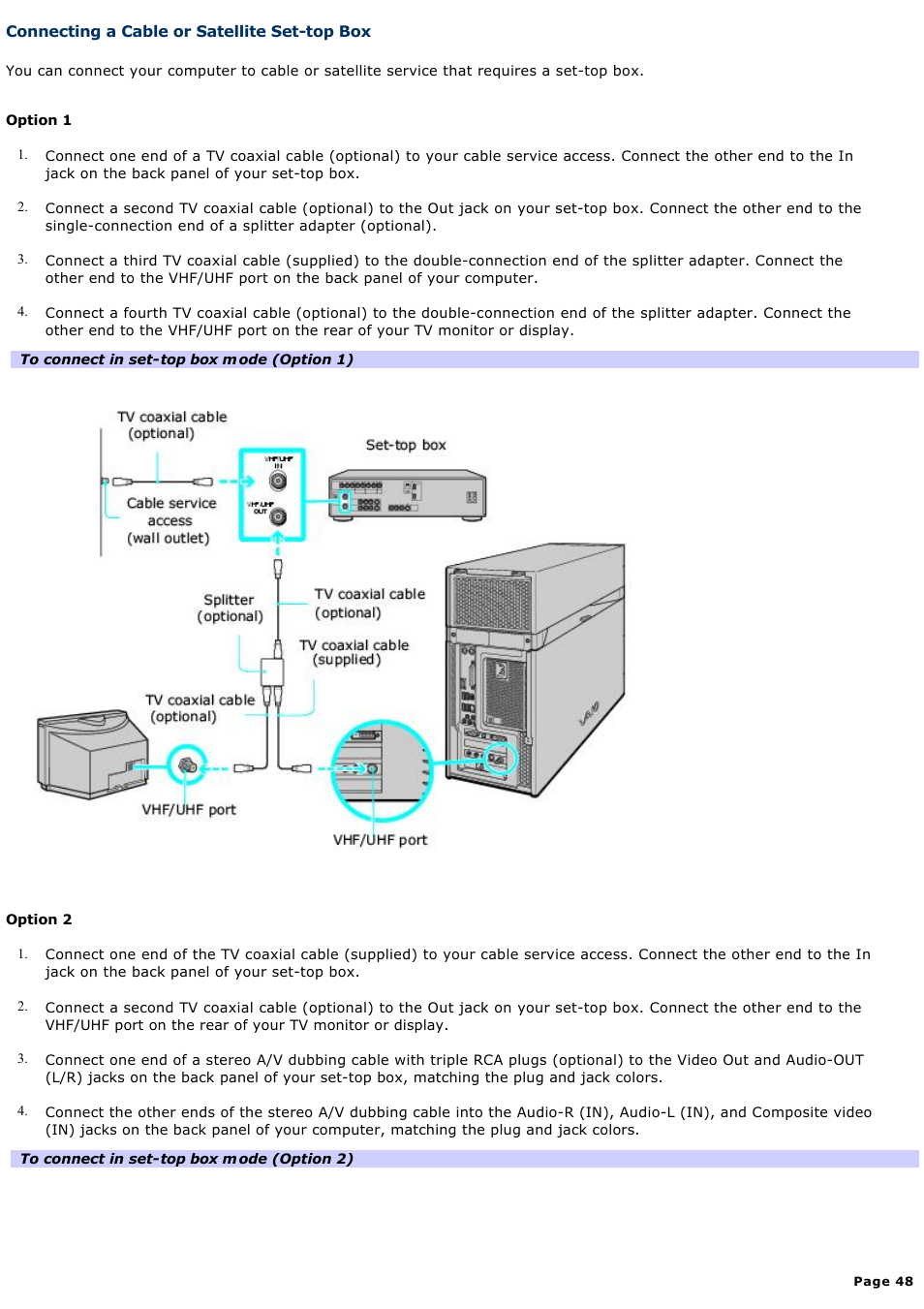 Connecting a cable or satellite set-top box | Sony VGC-RA910G User Manual | Page 48 / 254