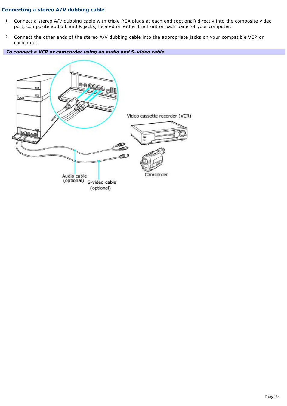 Connecting a stereo a/v dubbing cable | Sony VGC-RA910G User Manual | Page 56 / 254