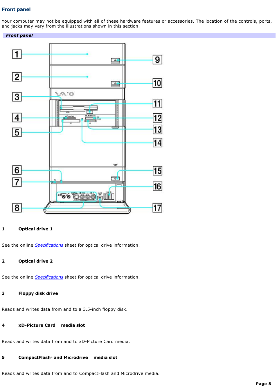 Front panel | Sony VGC-RA910G User Manual | Page 8 / 254