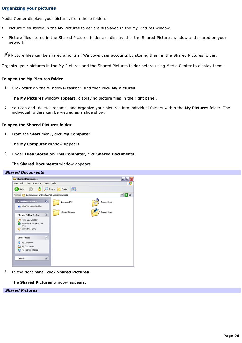 Organizing your pictures | Sony VGC-RA910G User Manual | Page 96 / 254